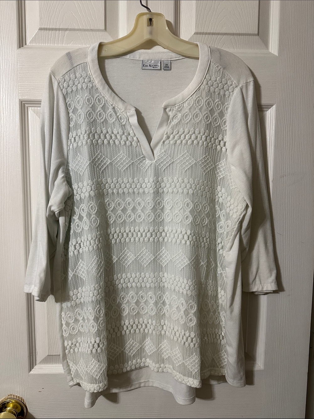 Kim Rogers Ivory Crochet-Front Split V-Neck Tunic Top